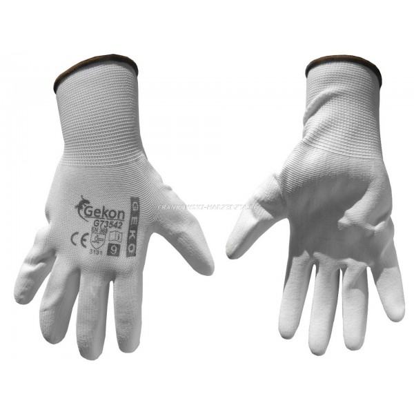BHP - Rękawice ochronne GEKO rozmiar 9 białe, powlekane poliuretanem, cienkie